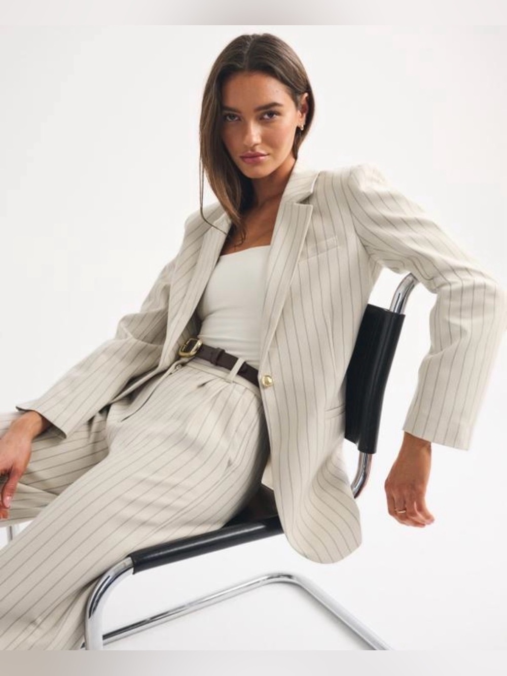 Abercrombie Nipped Waist Suiting Blazer Beige Pinstripe NWT